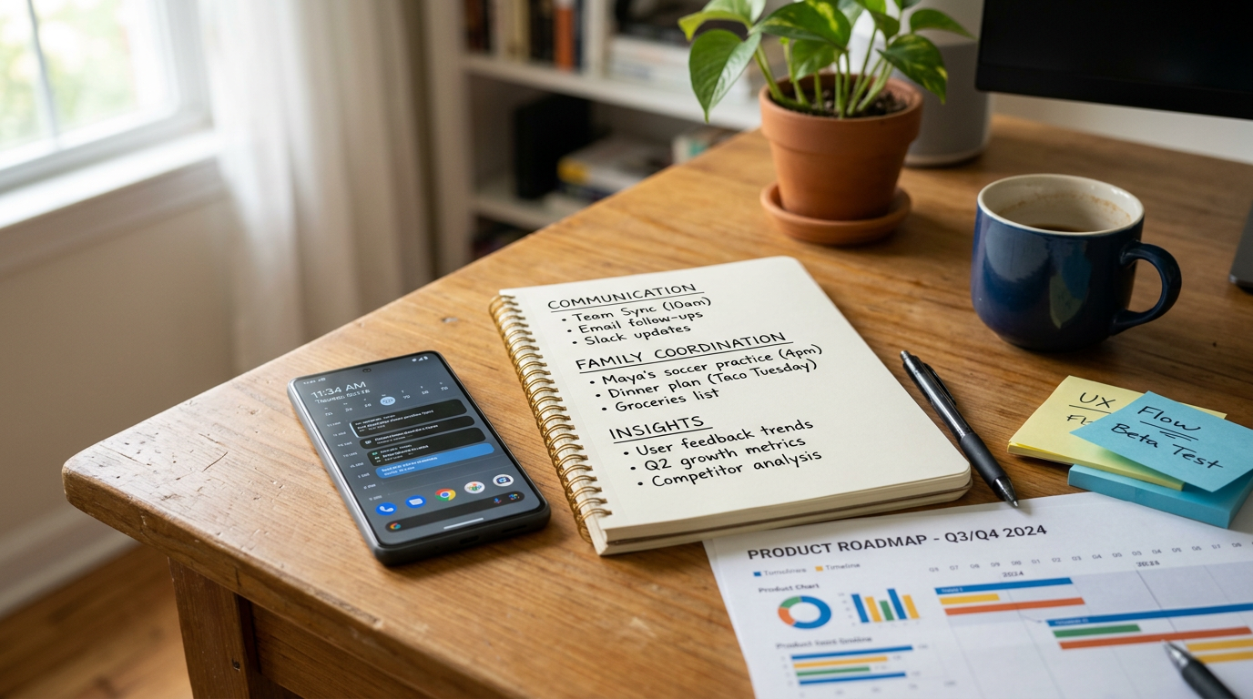 Close-up desk scene with a smartphone next to handwritten notes labeled by theme...