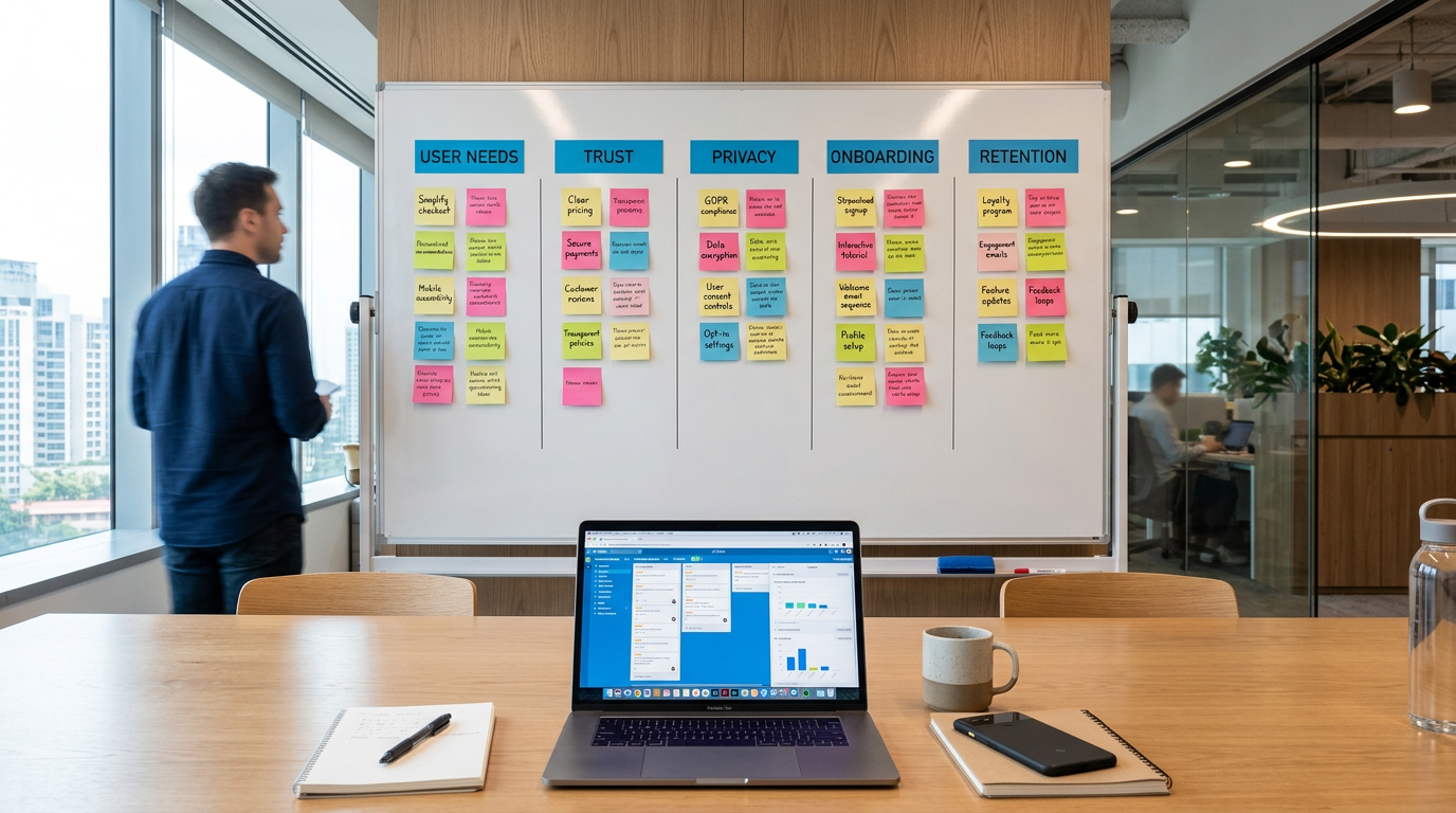 Realistic product planning board in an office with sticky notes grouped into use...