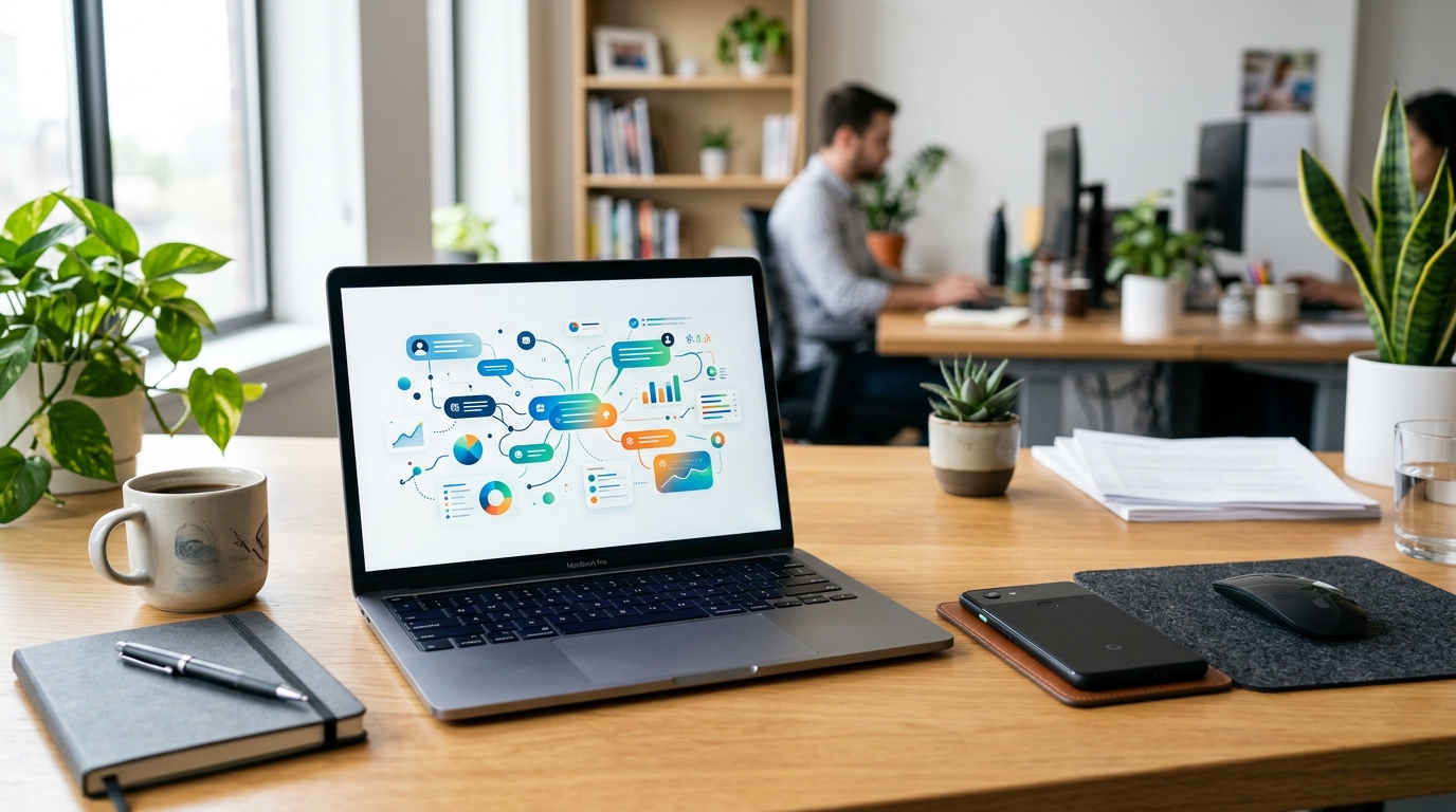 Professionelt skrivebordsmiljø med en laptop, der viser et chatopsummeringskoncept gennem abstrakte samtalevisualiseringer