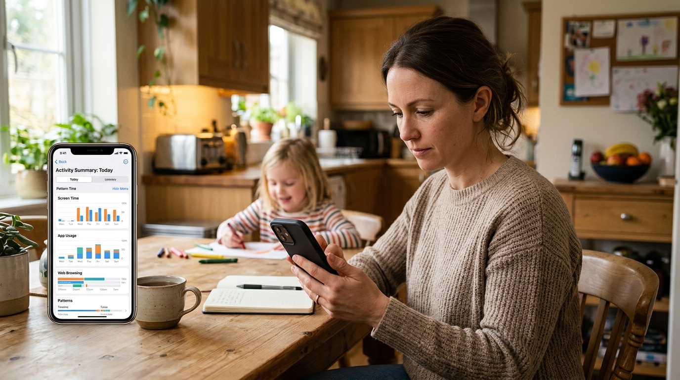 Varmt og realistisk hjemmemiljø, hvor en forælder gennemgår mønstre i onlineaktivitet
