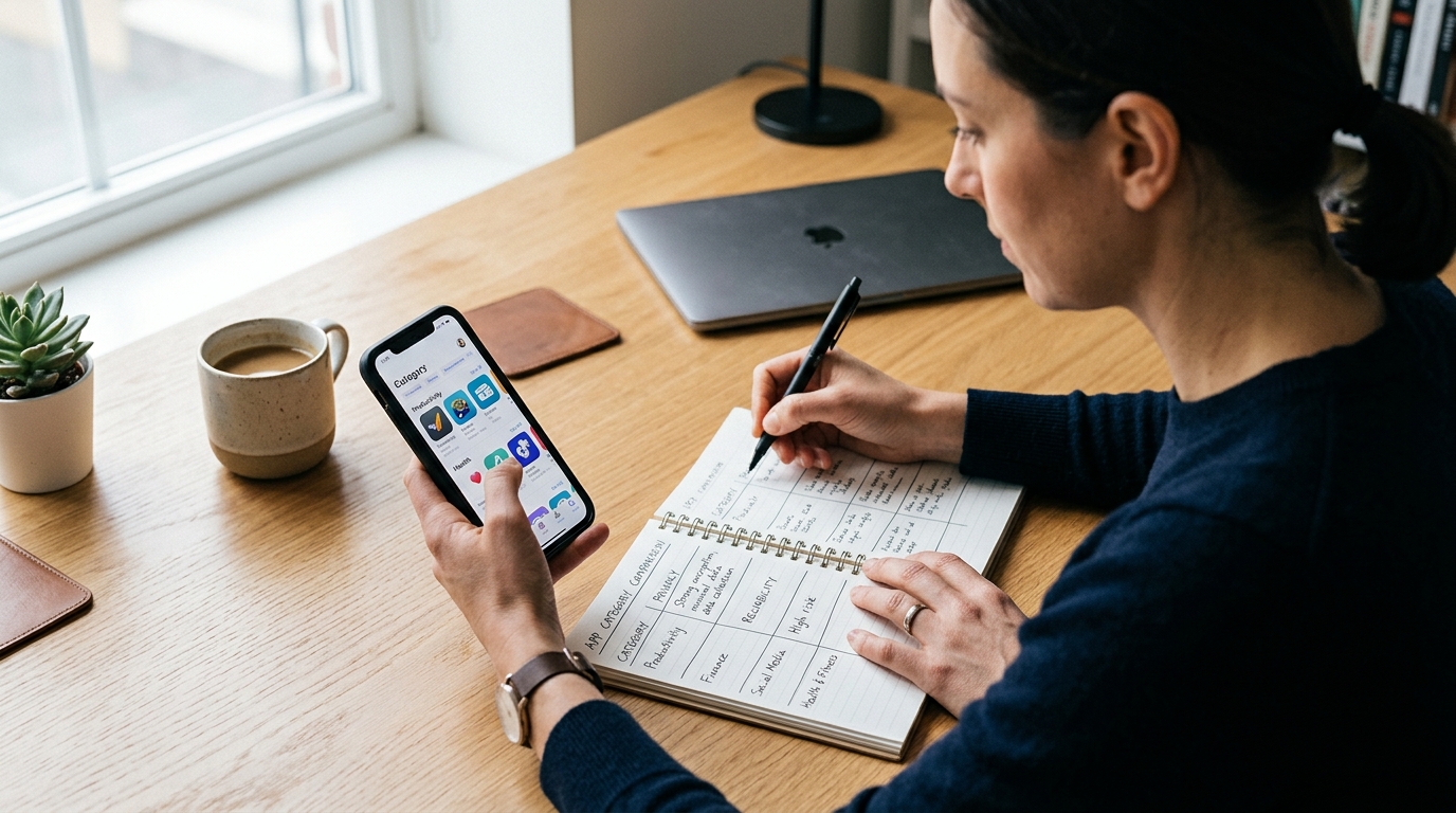 Realistisk nærbillede af en professionel, der sammenligner appkategorier på en smartphone