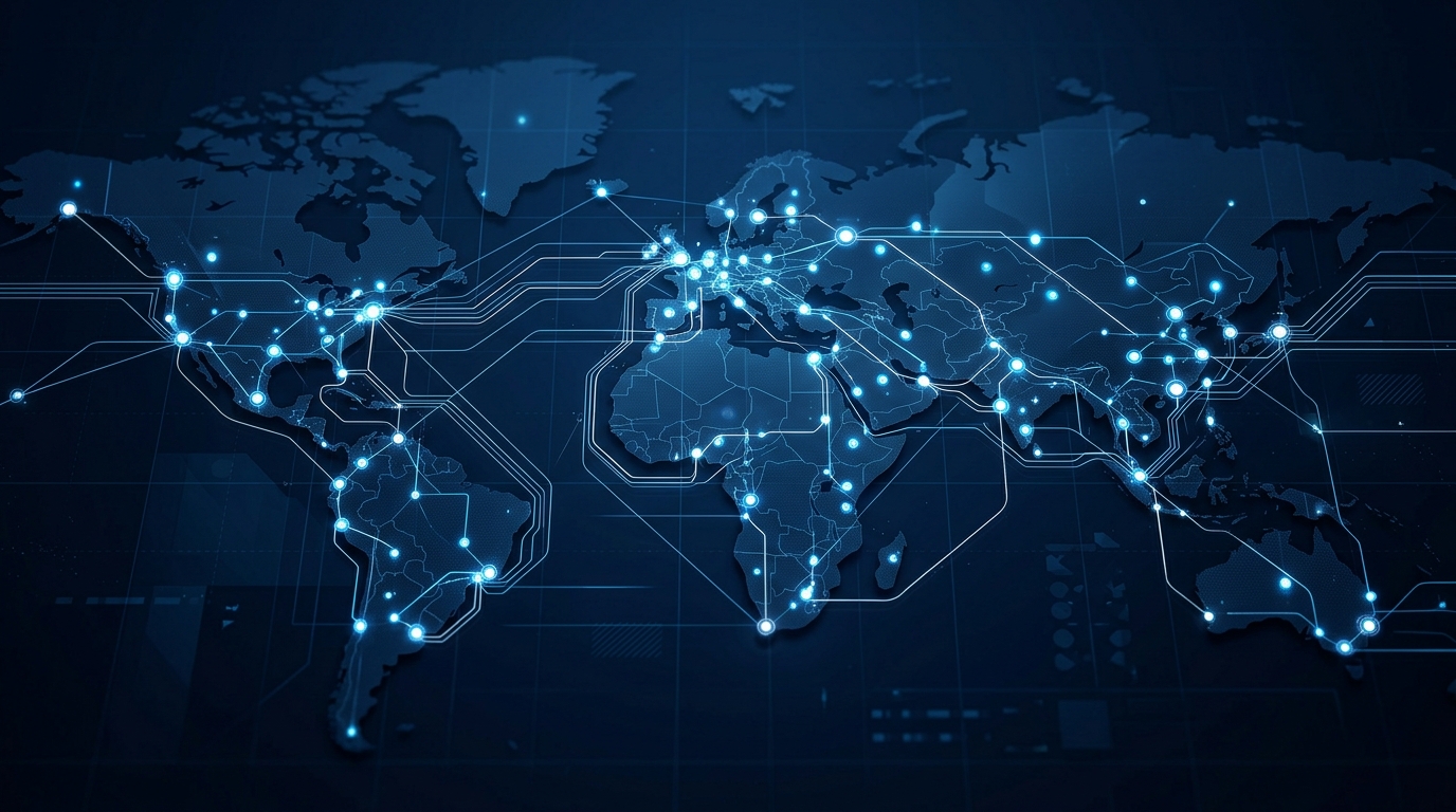Et konceptuelt teknologibillede, der viser glødende datanoder, der forbinder på tværs af en mørk baggrund, hvilket repræsenterer backend-arkitektur.