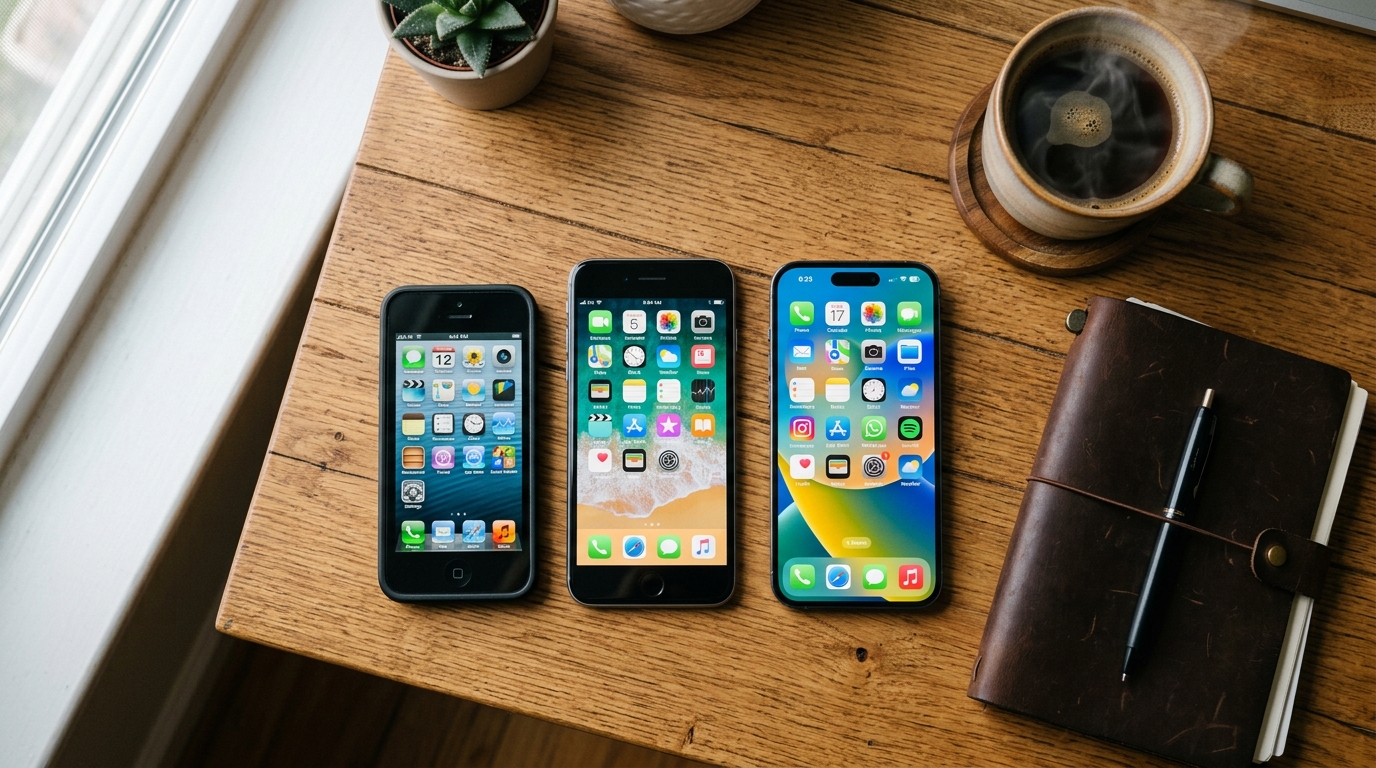 Et oppefra-og-ned view af tre forskellige generationer af smartphones, der ligger side om side på et træbord...