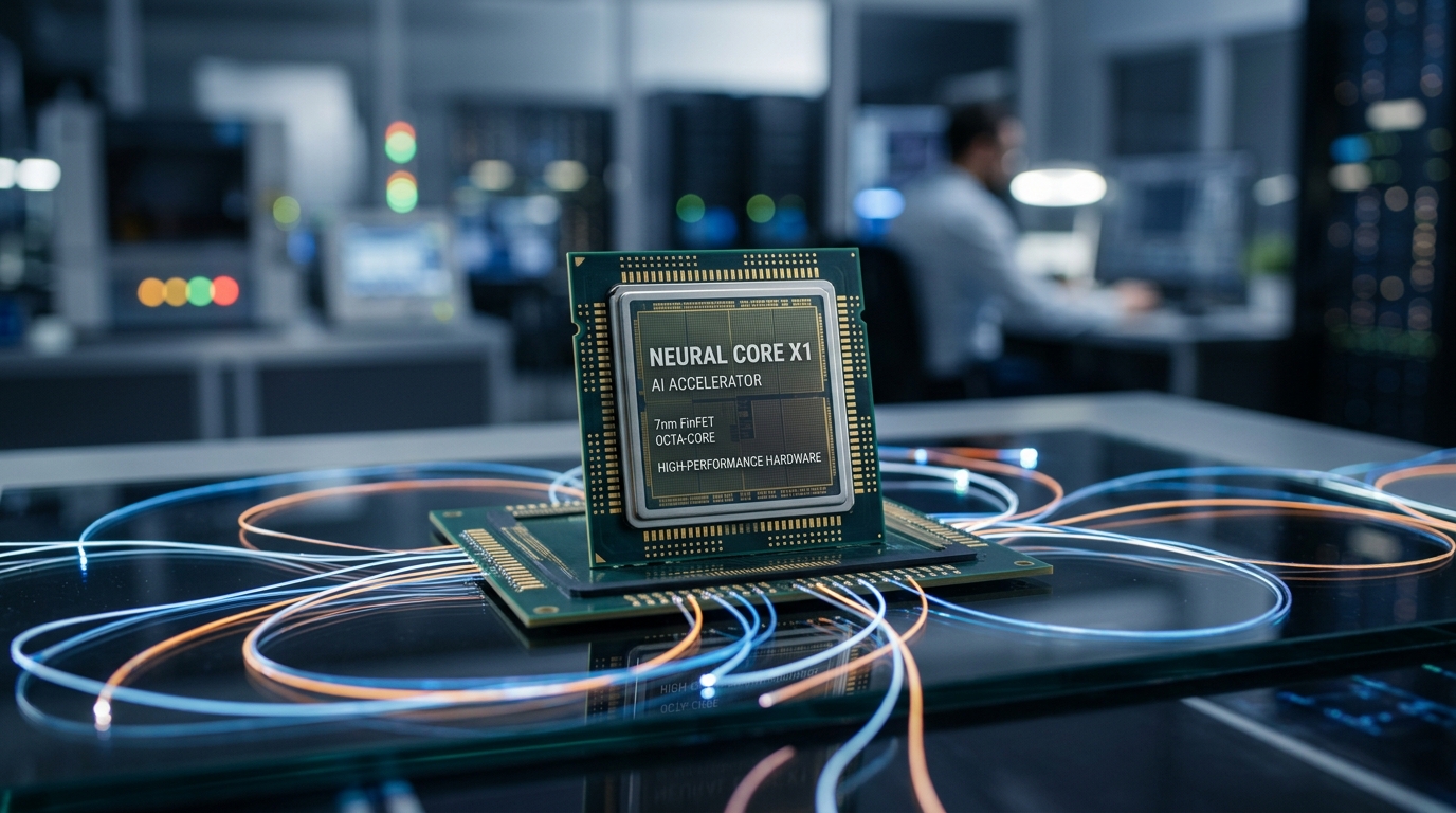 세련된 유리 테스트 표면에 놓인 현대적인 모바일 프로세서 칩의 클로즈업...