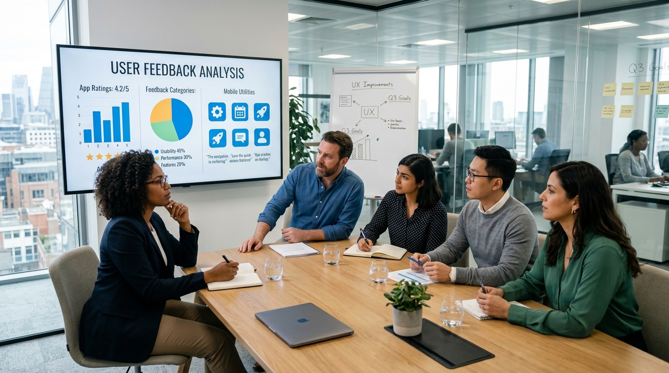 A team of diverse professionals in a meeting room reviewing product data