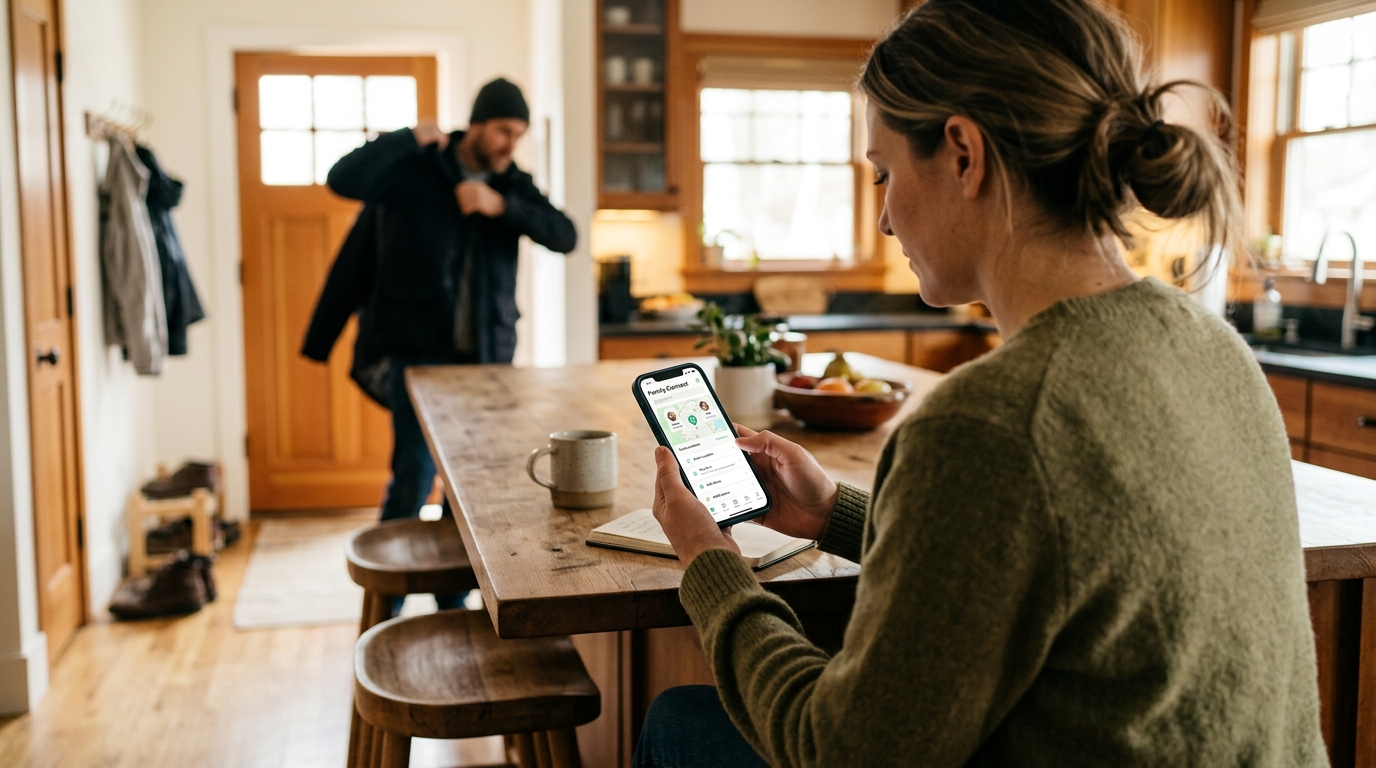 一张温馨自然的生活方式照片，从正在使用第二号码应用保护隐私的手机用户的肩后拍摄。