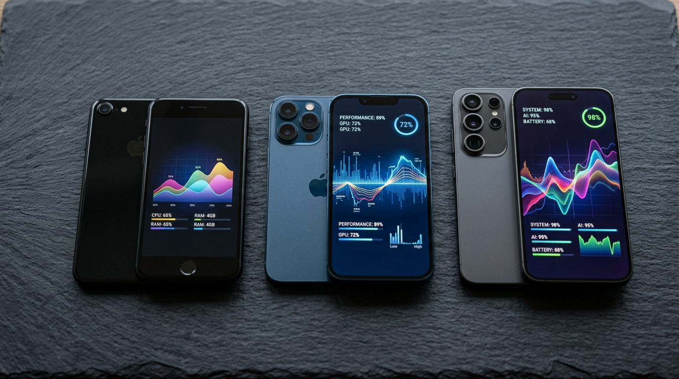 一张高质量的特写镜头，展示了代表硬件差异的三台不同代次的智能手机。