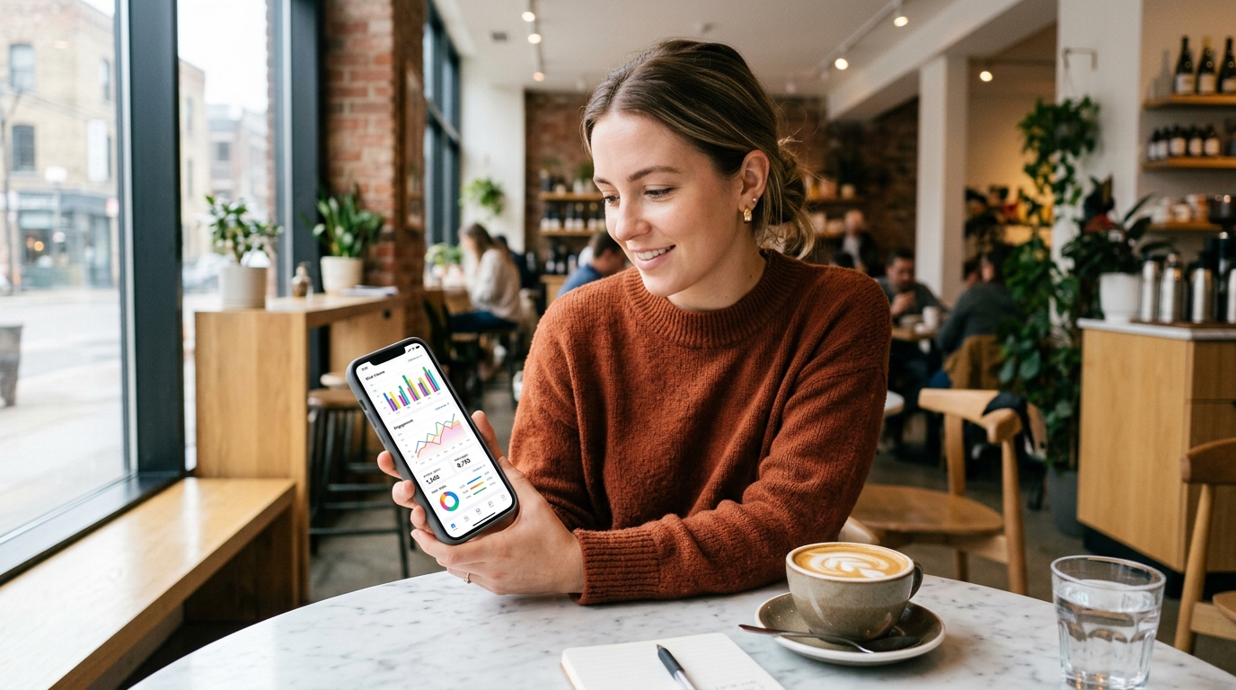 カフェでスマートフォンを見ている人