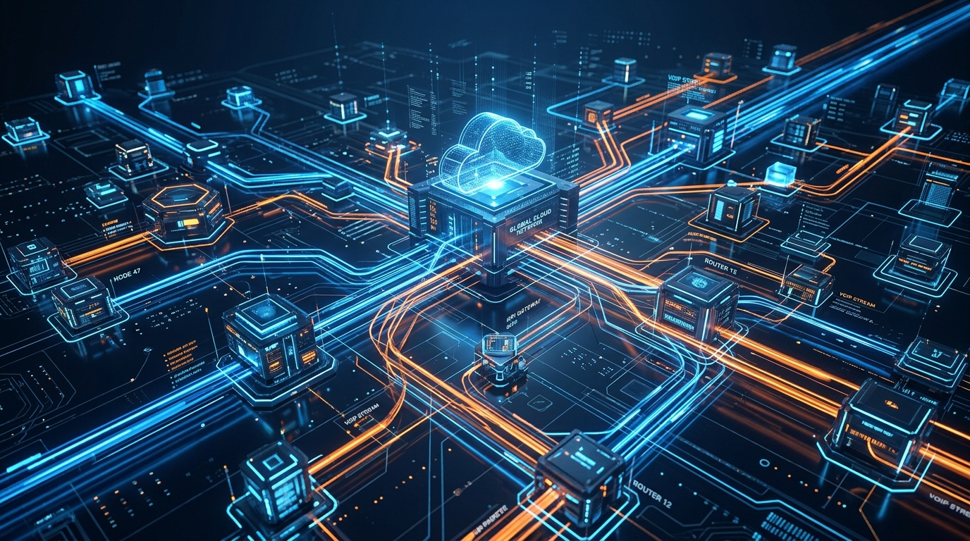 クラウドデータルーティングの抽象的でハイテクなビジュアル表現