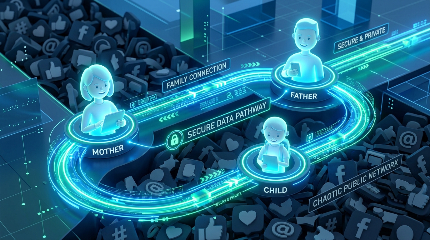 가족 추적 유틸리티를 위해 설계된 빛나는 보안 데이터 경로를 보여주는 인포그래픽 스타일의 추상적인 3D 렌더링.