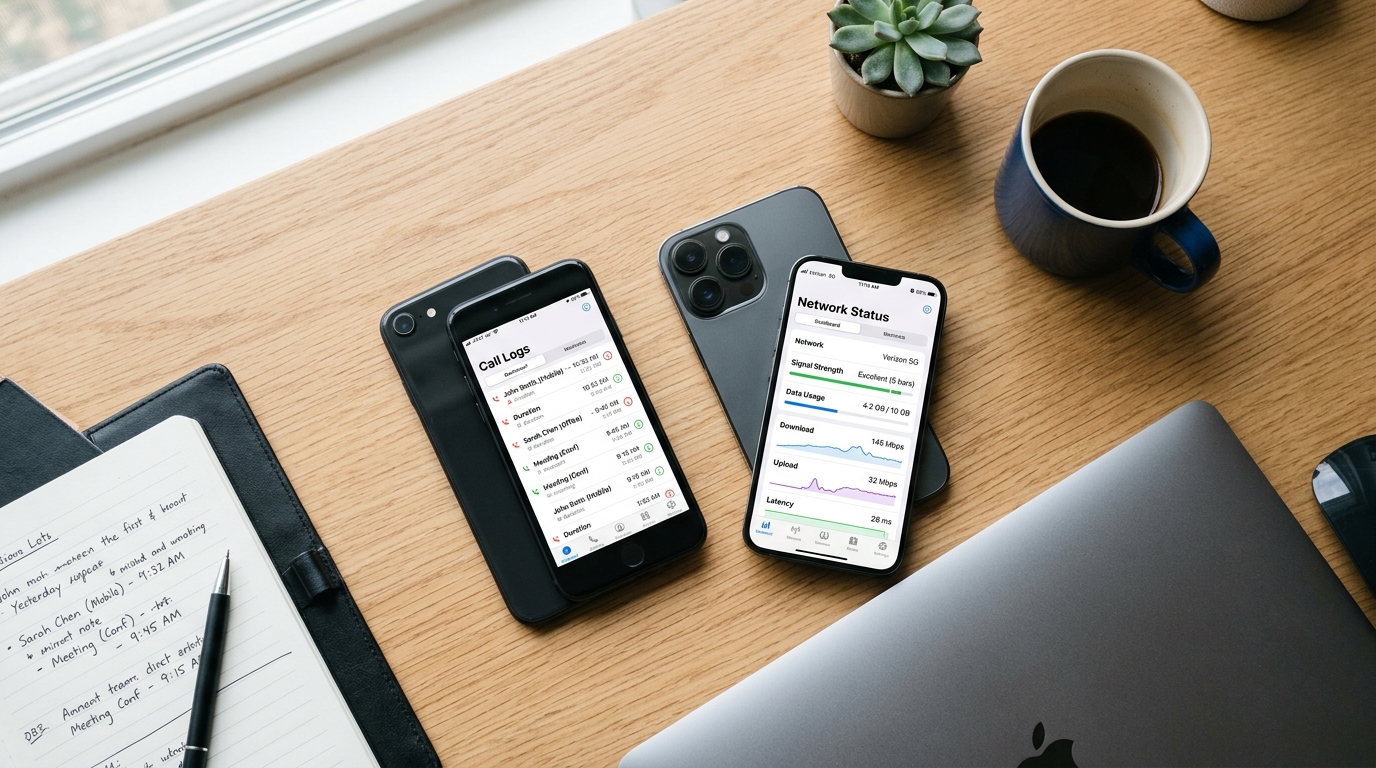 비즈니스 데스크 위에 앱 성능 테스트를 위해 놓인 서로 다른 두 대의 스마트폰을 찍은 전문적인 플랫 레이 사진.