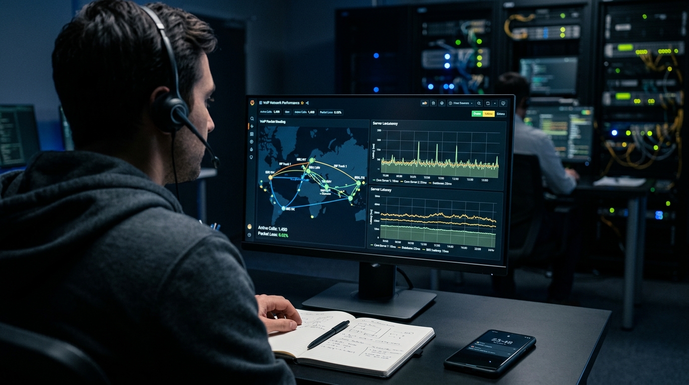 A close-up view over the shoulder of a telecommunications engineer analyzing a digital data dashboard.