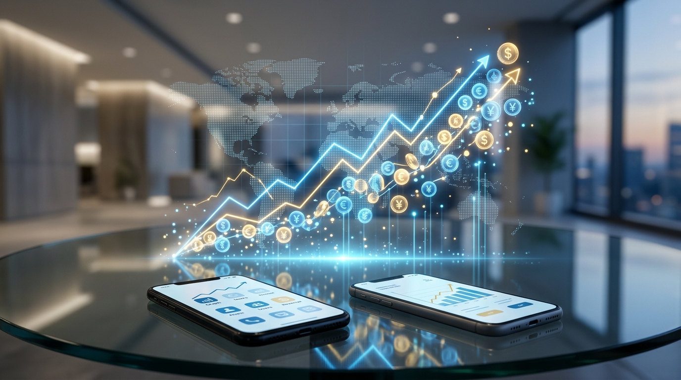 A sleek, modern visualization of global mobile app market growth, showing abstract data trends and consumer spending spikes for 2026.