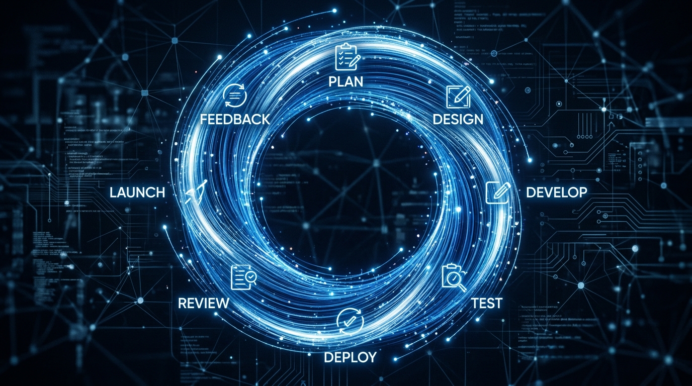 Un'immagine concettuale high-tech che mostra un loop digitale infinito