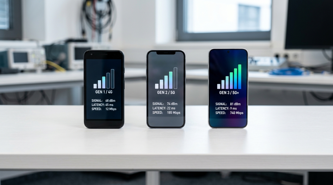 Un confronto visivo di tre diversi smartphone su un tavolo bianco