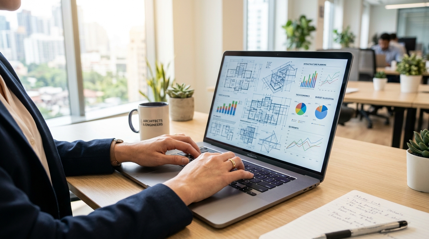 Una professionista che lavora su un moderno laptop in uno spazio di lavoro