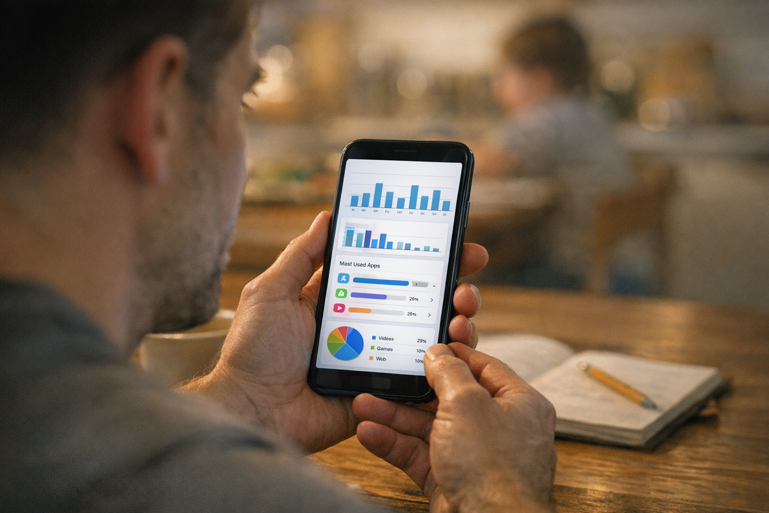 Realistische Nahaufnahme eines Elternteils, das Smartphone-Aktivitätseinblicke i...