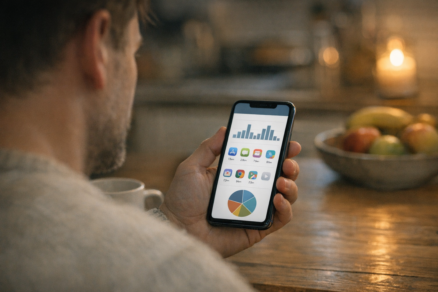 Realistisk nærbillede af en forælder, der gennemgår indsigt i smartphone-aktivit...
