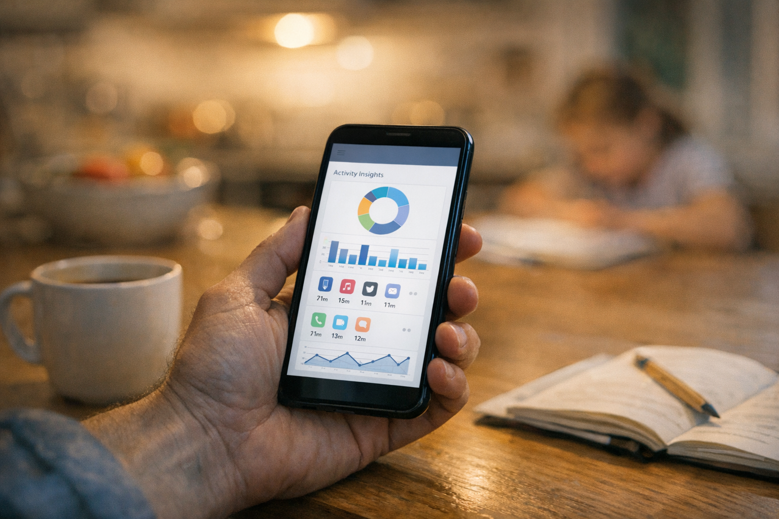 Realistische close-up van een ouder die inzichten in smartphone-activiteit bekij...