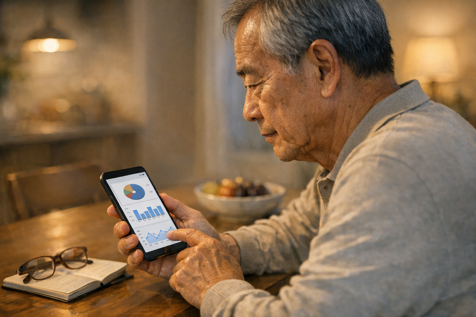 Close-up realistis seorang orang tua yang meninjau insight aktivitas smartphone ...