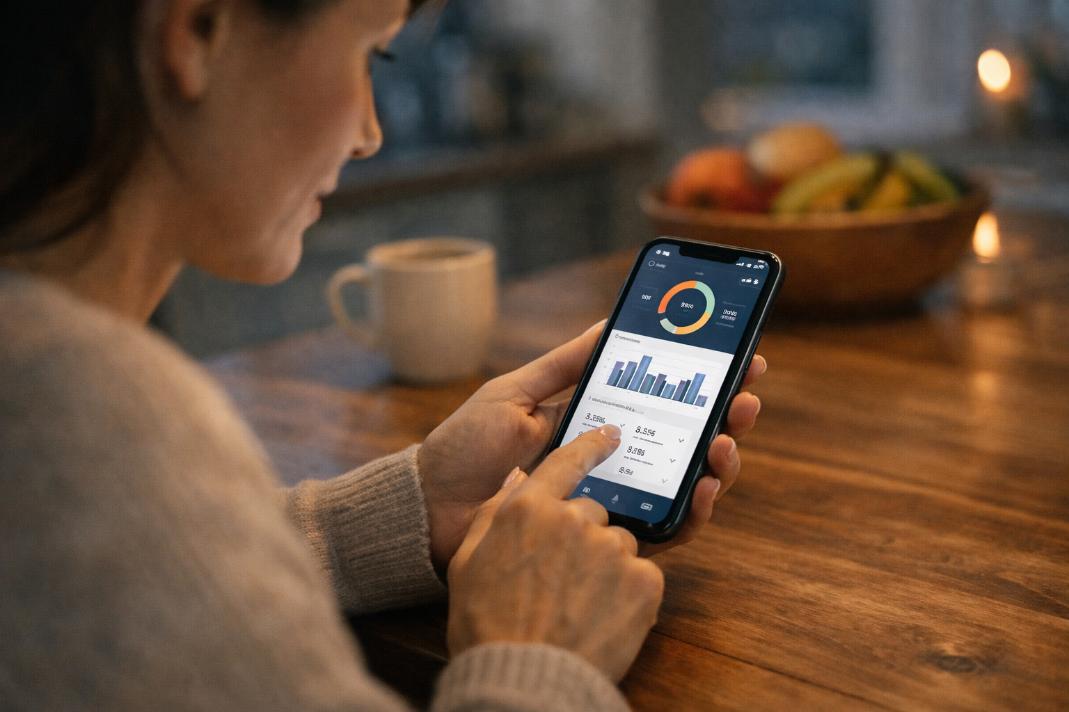 Close realista de um pai ou uma mãe analisando insights de atividade no smartpho...