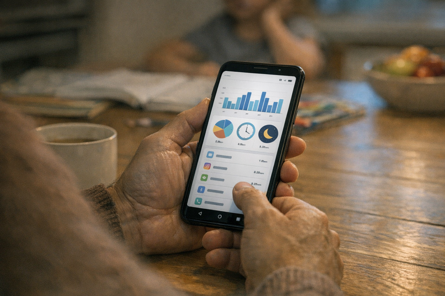 Realistisk närbild av en förälder som granskar insikter om smartphoneaktivitet i...