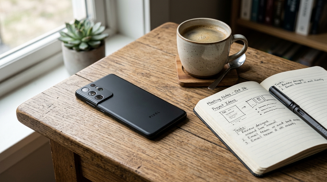 ノートの隣にある木製の机の上に、画面を下にして置かれた現代的なスマートフォン