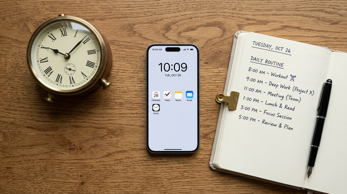 En minimalistisk konceptbild som visar en modern smartphone på en träyta bredvid en analog klocka