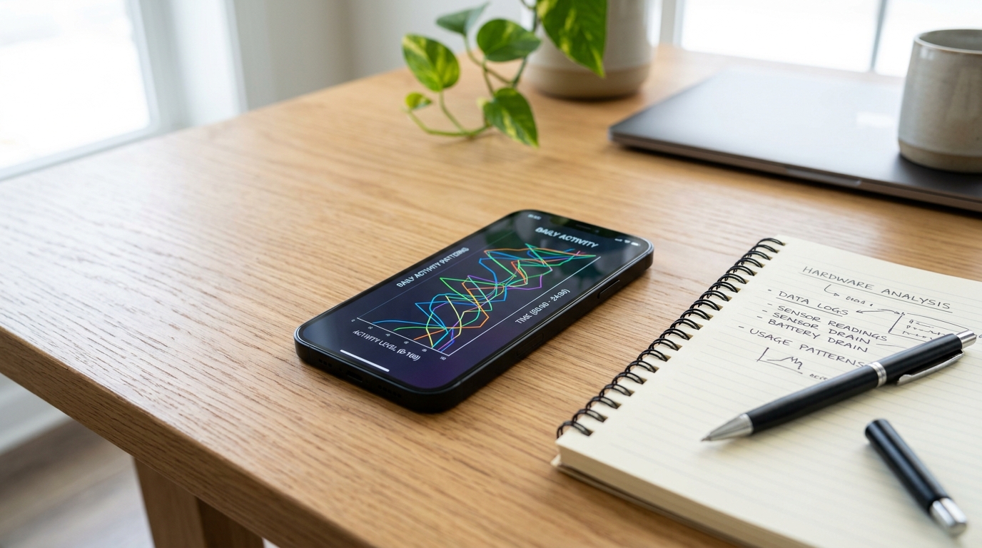 A modern smartphone lying face up on a clean, well-lit wooden desk