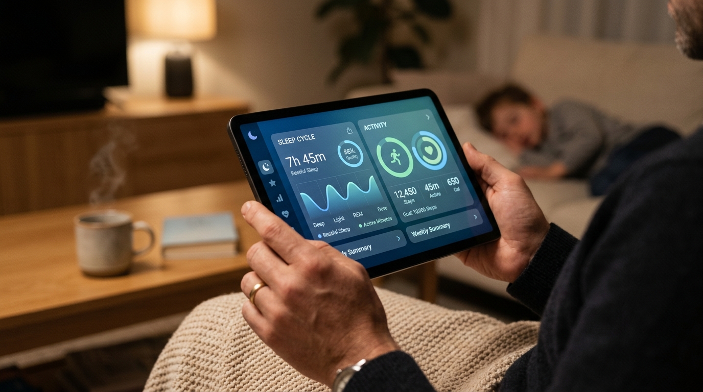 A parent's hands holding a tablet device displaying digital tracking data