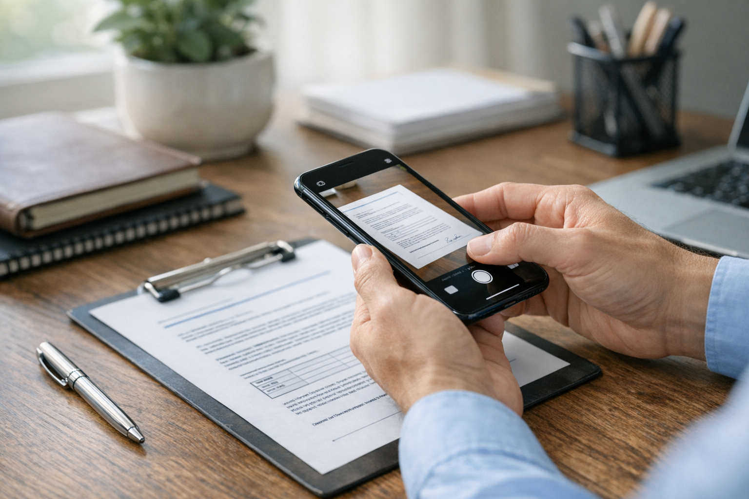 Realistische Nahaufnahme einer Person, die mit der Smartphone-Kamera Papierdokumente scannt...