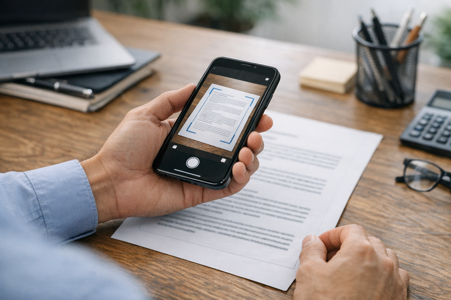 لقطة واقعية مقرّبة لشخص يستخدم كاميرا الهاتف الذكي لمسح مستندات ورقية على طاولة،...
