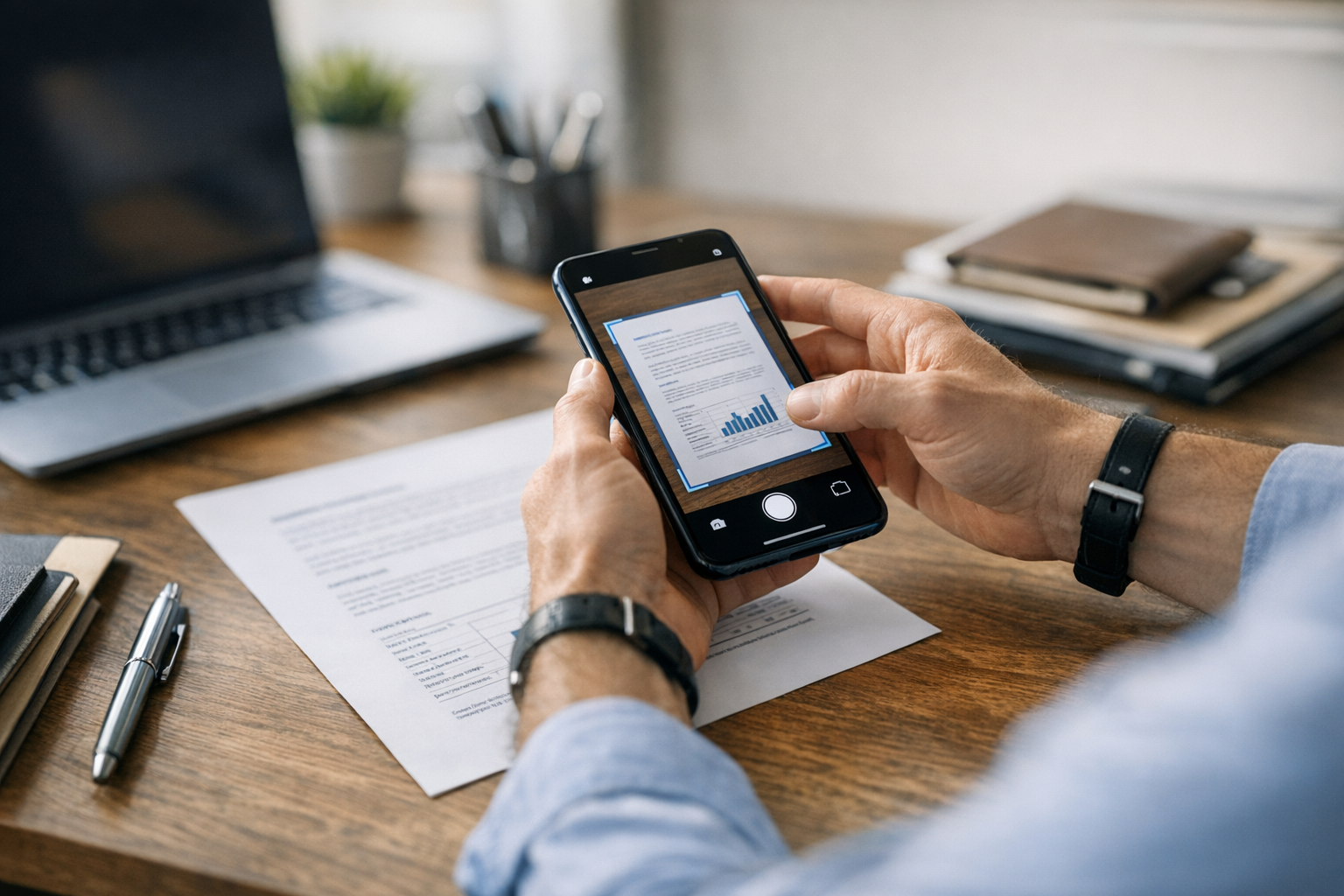 Élethű közeli kép egy személyről, aki okostelefon kamerájával papírdokumentumoka...