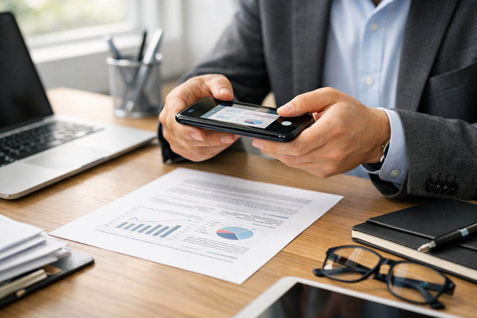 人物がテーブル上の紙書類をスマートフォンのカメラでスキャンしている様子を写実的に捉えたクローズアップ。周囲には整ったオフィス用品があり、やわらかな昼光が差し込む...