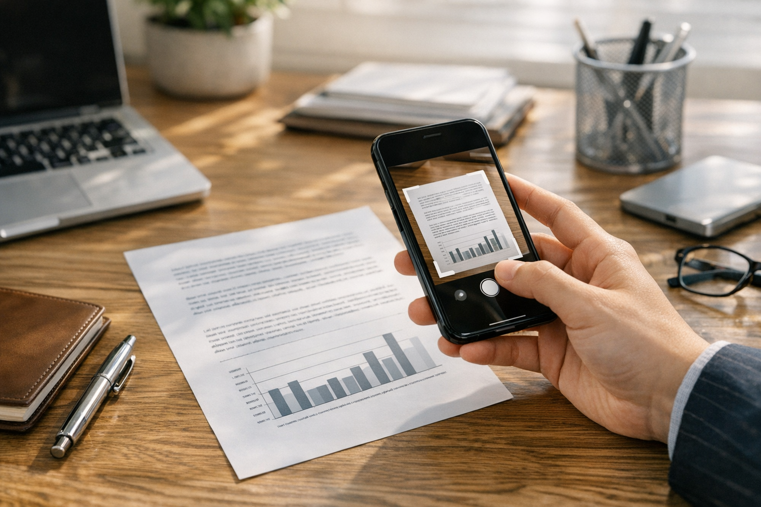 写实特写画面：人物正使用智能手机摄像头扫描桌面上的纸质文件，周围摆放整齐的办公用品，柔和日光环境，突出文档数字化与移动办公流程的高效便捷；自然商务审美，无文字覆...