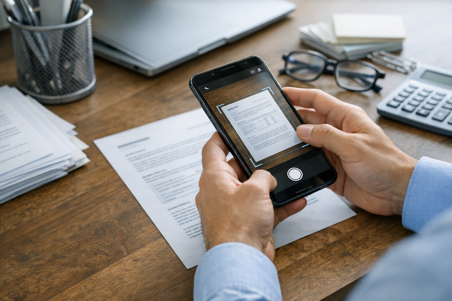 Primer plano realista de una persona usando la cámara de un smartphone para esca...