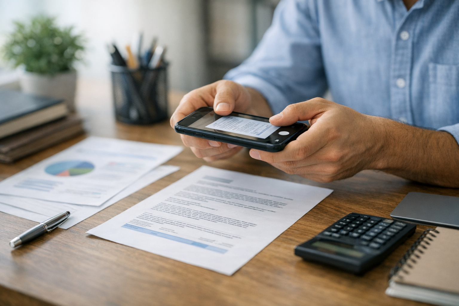 यथार्थवादी क्लोज़-अप, जिसमें एक व्यक्ति मेज़ पर रखे कागज़ी दस्तावेज़ों को स्मार्...