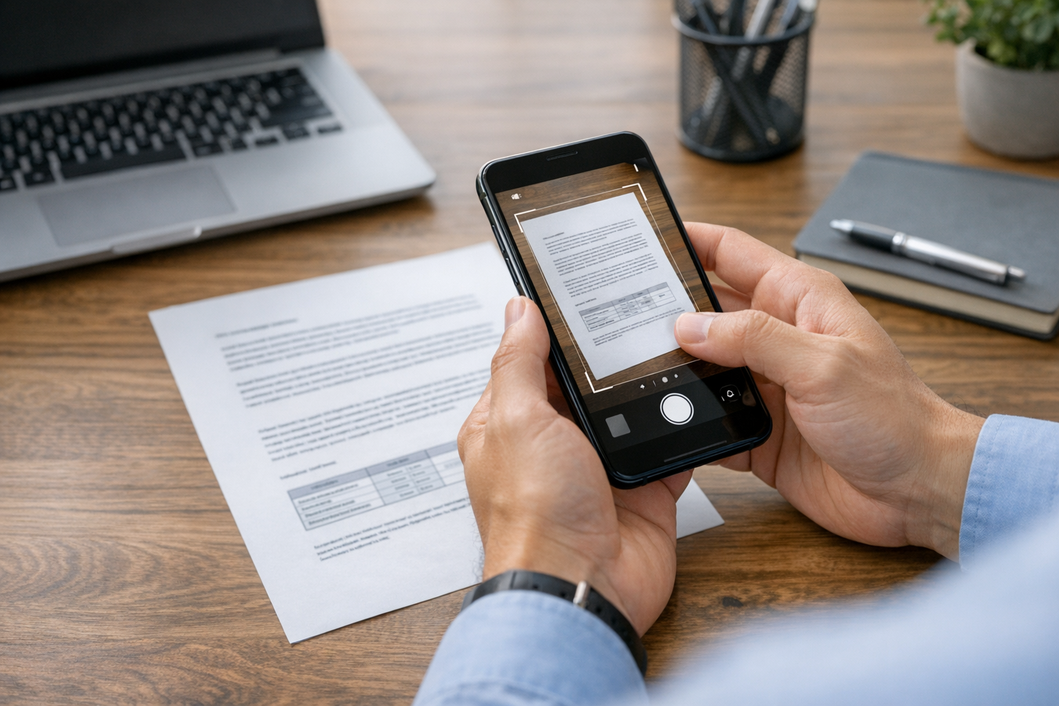 Close-up realistis seseorang menggunakan kamera smartphone untuk memindai dokume...