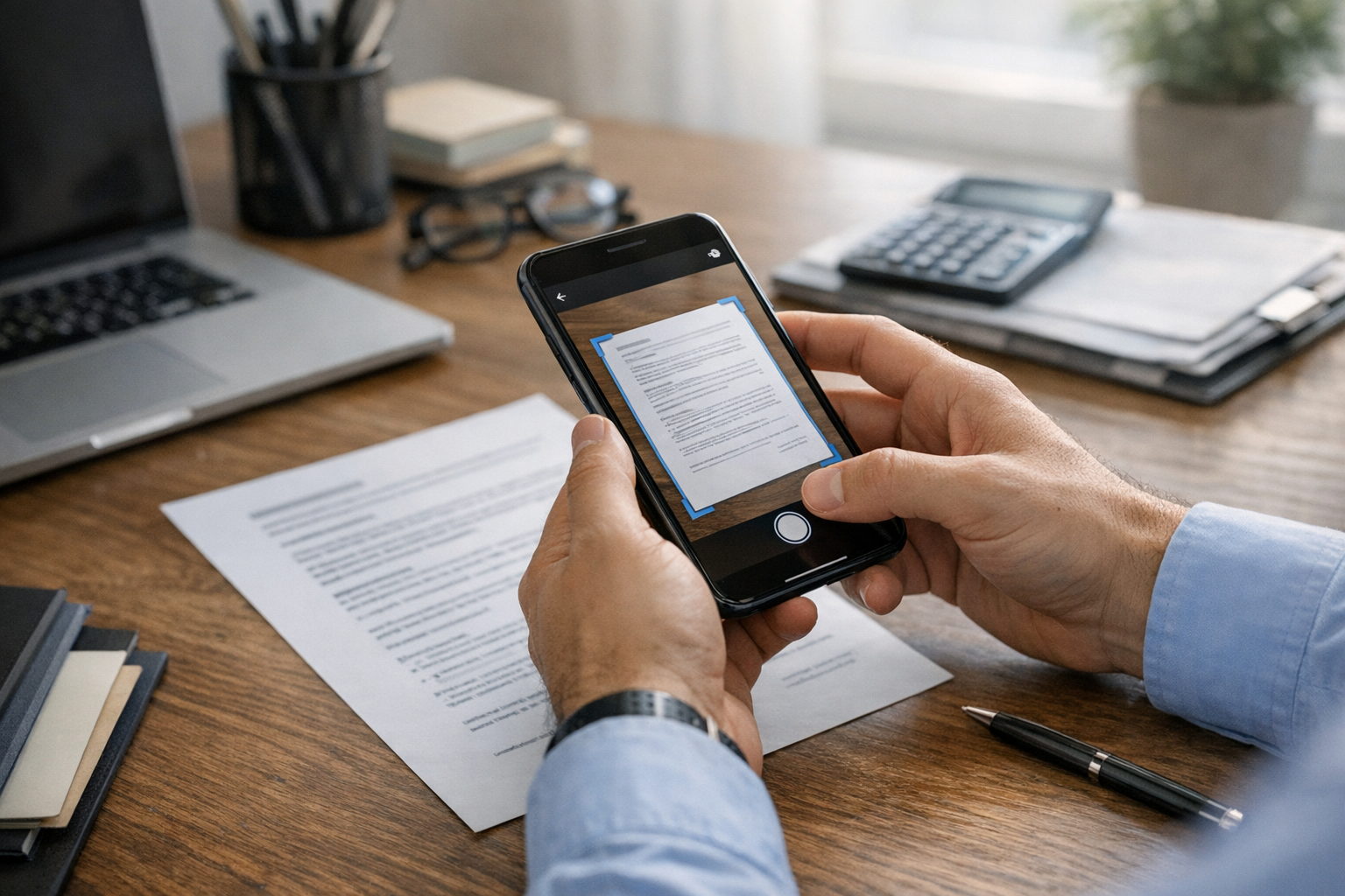 Realistische close-up van iemand die met de camera van een smartphone papieren d...