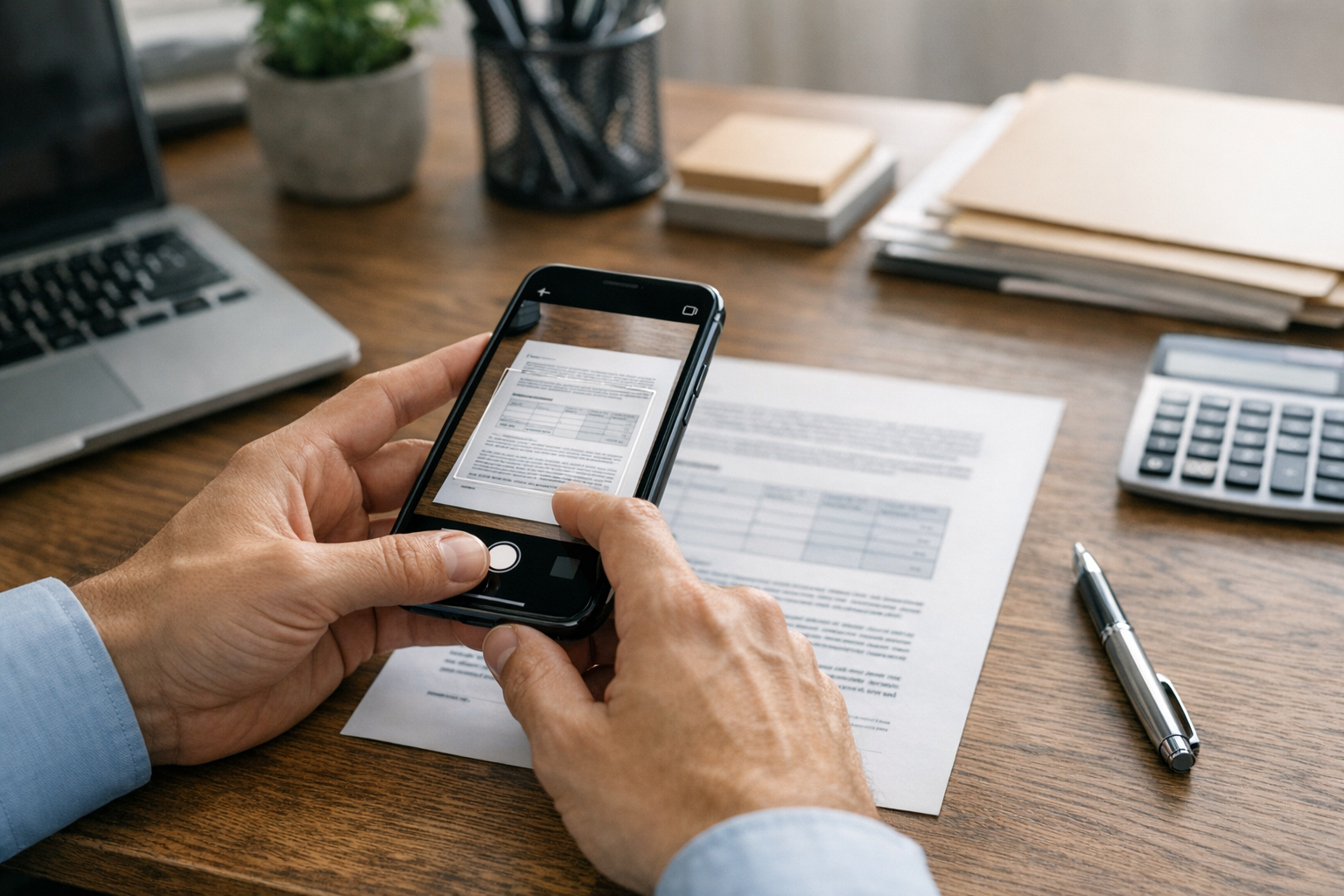 Realistische Nahaufnahme einer Person, die mit der Smartphone-Kamera Papierdokum...