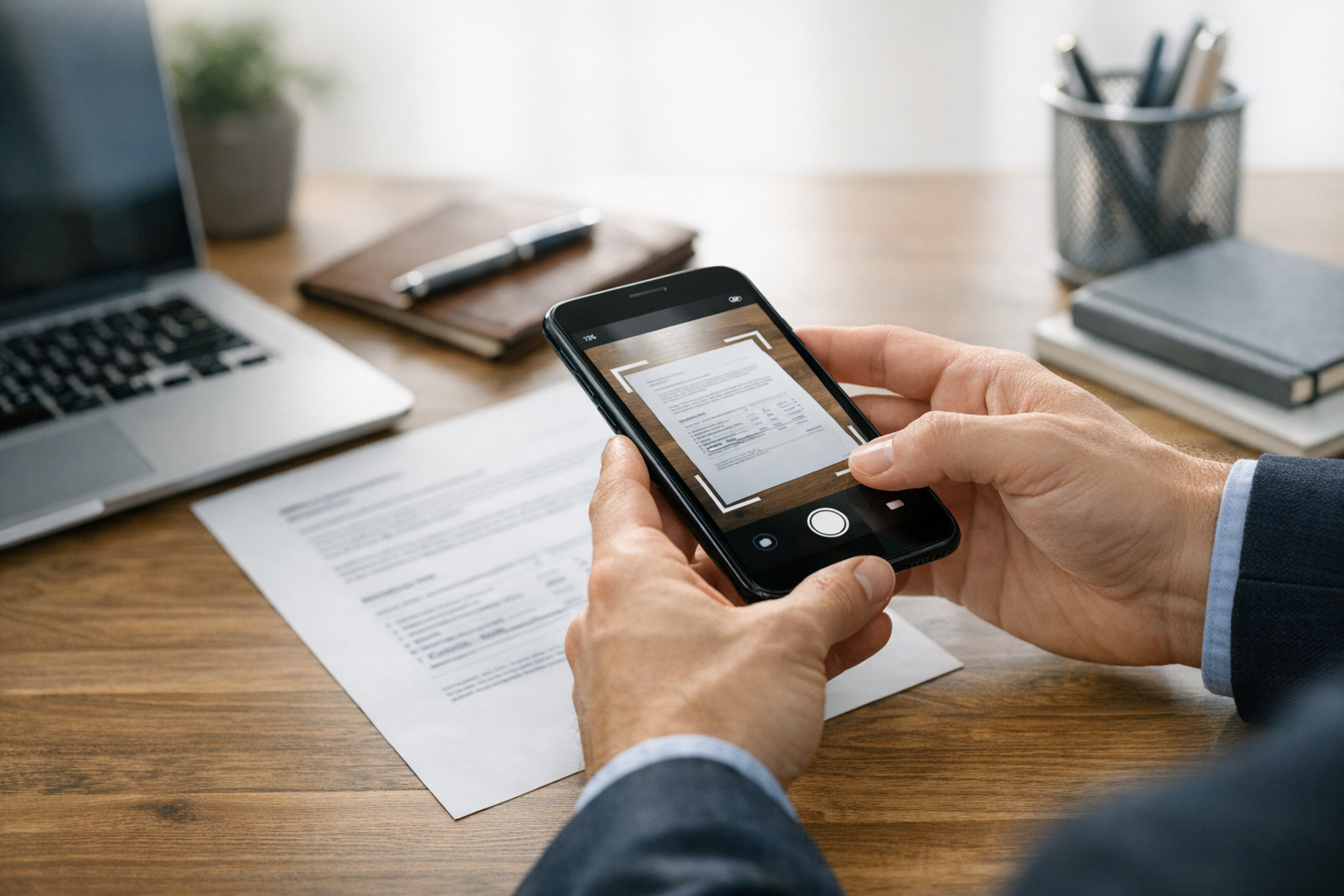 Realistisk nærbillede af en person, der bruger kameraet på en smartphone til at ...