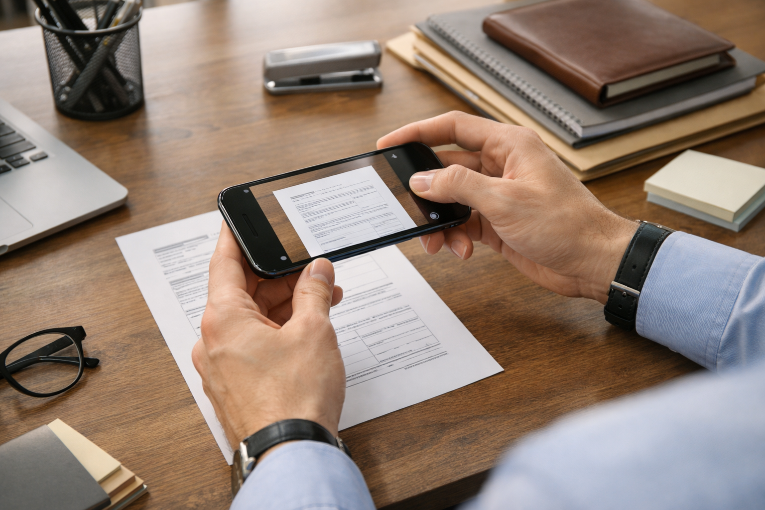 Realistyczne zbliżenie osoby używającej aparatu smartfona do skanowania papierow...