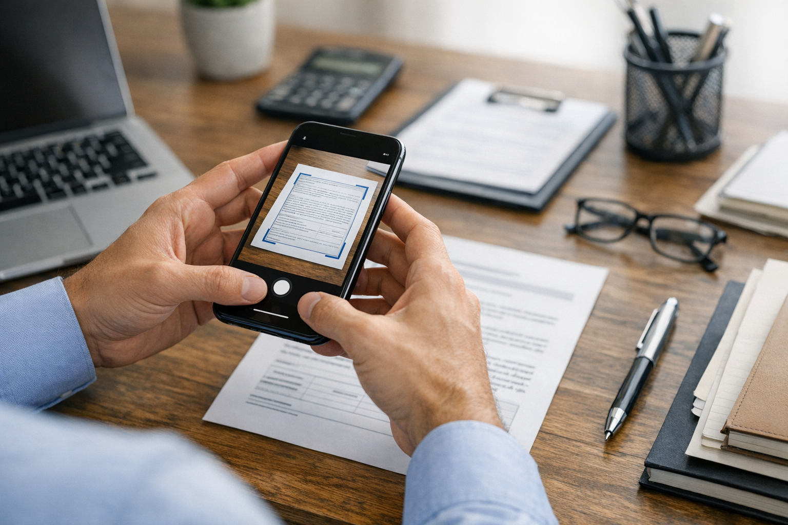 Close realista de uma pessoa usando a câmera do smartphone para digitalizar docu...