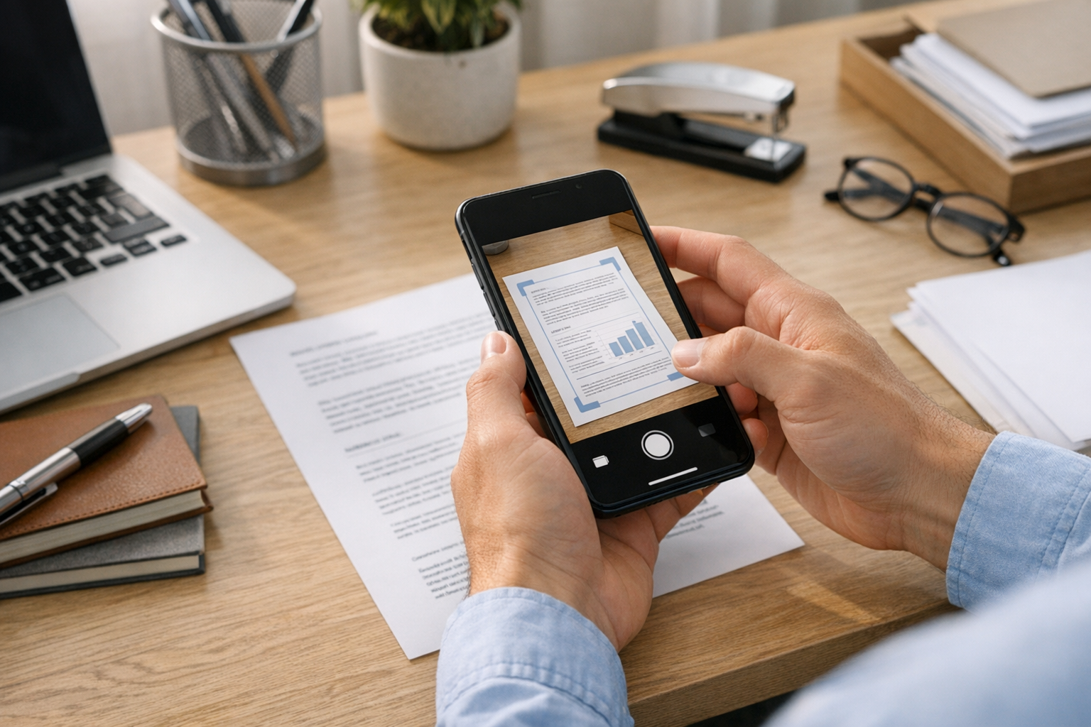 Realistisk närbild av en person som använder mobilkameran för att skanna pappers...