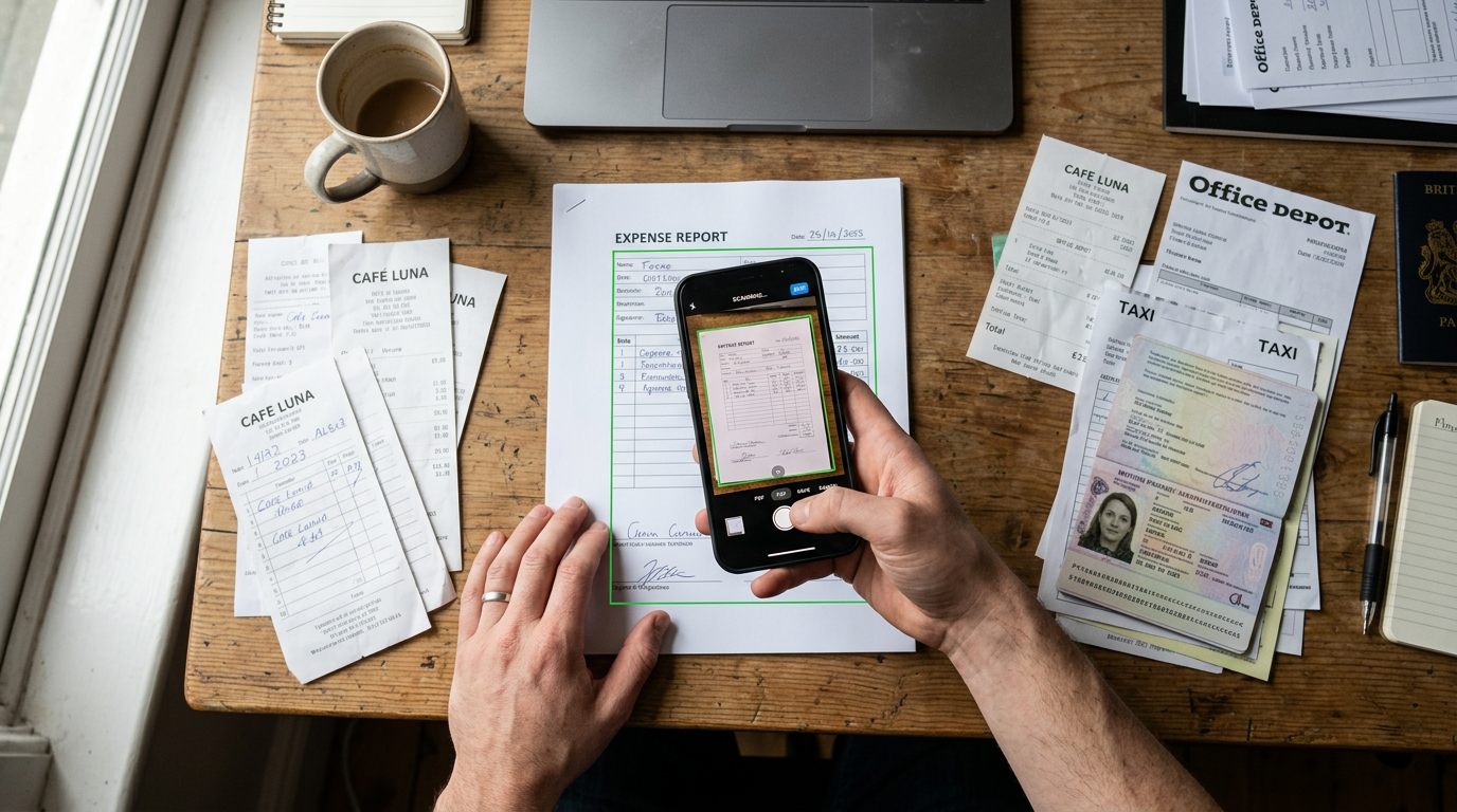 סצנה ריאליסטית במבט על של שולחן עבודה עם טפסים מנייר, קבלות, מסמך בגודל דרכון ...