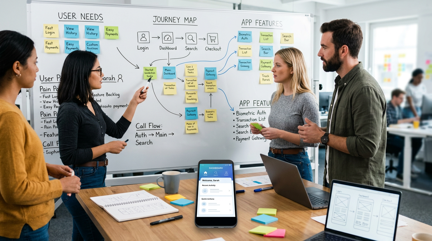 סצנת לוח תכנון ושולחן עבודה משרדיים שבה צוות מוצר ממפה צרכי משתמשים לפיצ'רי אפליקציה...