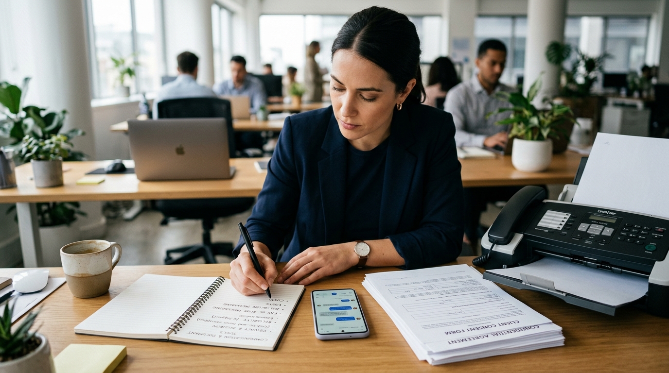 איש מקצוע משווה כלי תקשורת וכלי מסמכים בסמארטפון