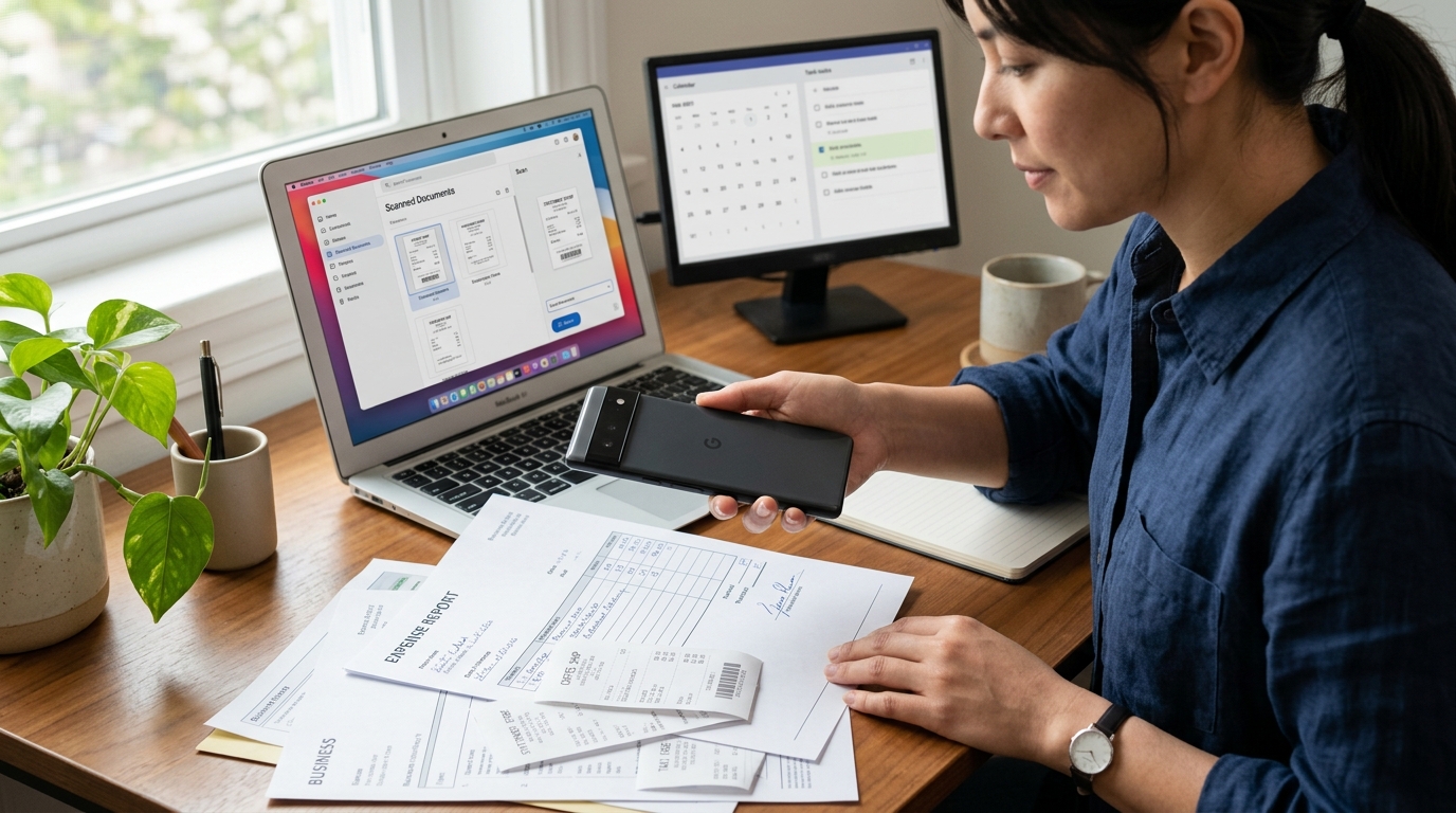 אדם משתמש בסמארטפון כדי לסרוק מסמכי נייר על שולחן