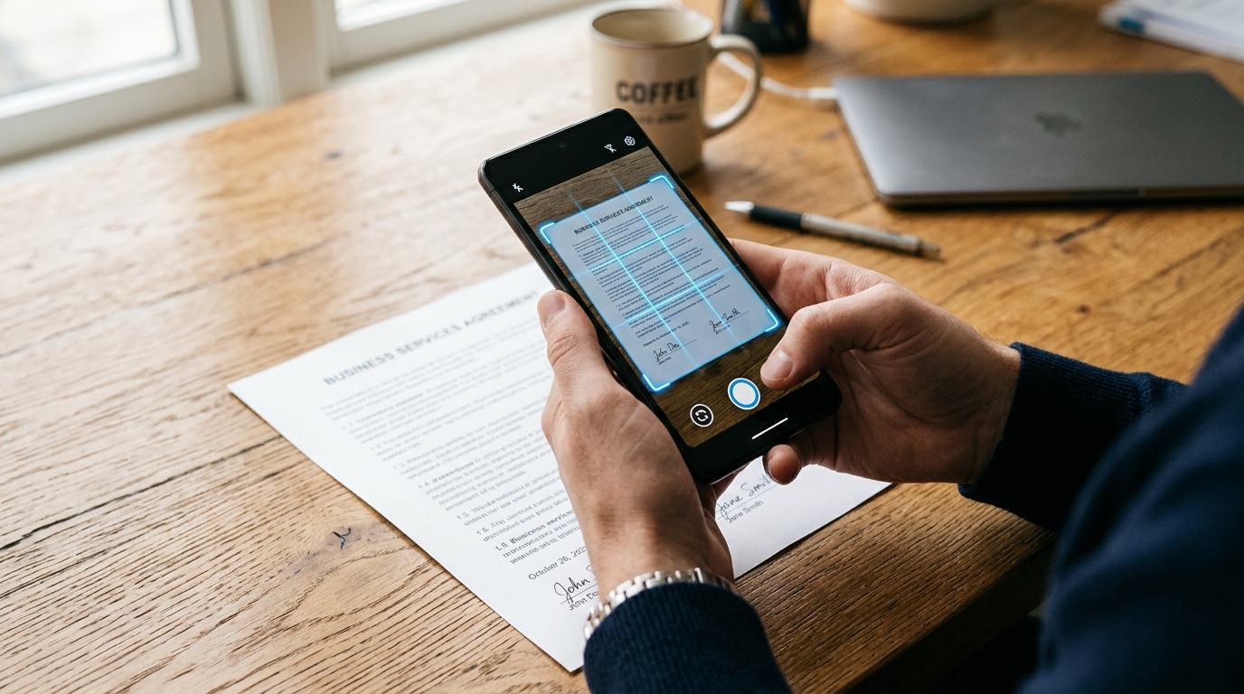 현대적인 스마트폰을 들고 인쇄된 문서를 스캔하기 위해 손으로 잡고 있는 모습의 클로즈업 관점.