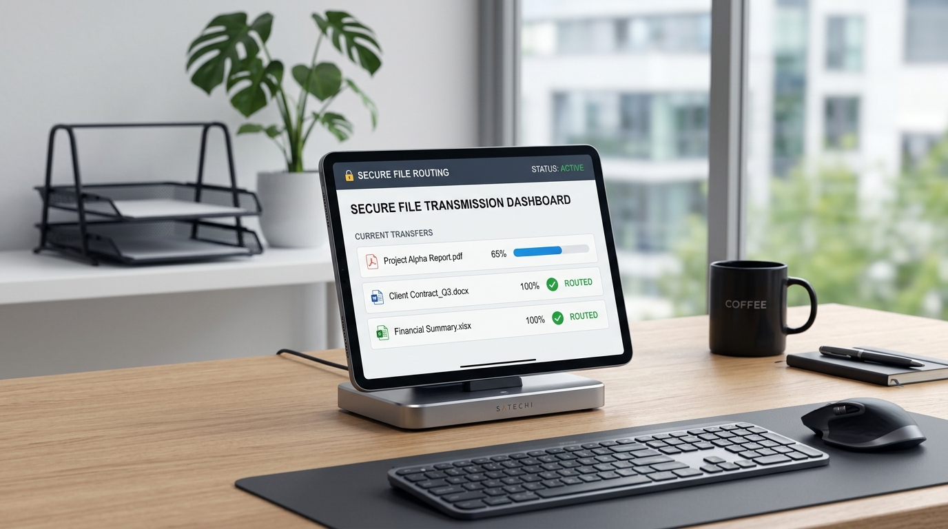 사무용품이 놓인 책상 위에 디지털 태블릿이 세워져 있는 깨끗하고 미니멀한 기업 작업 공간.